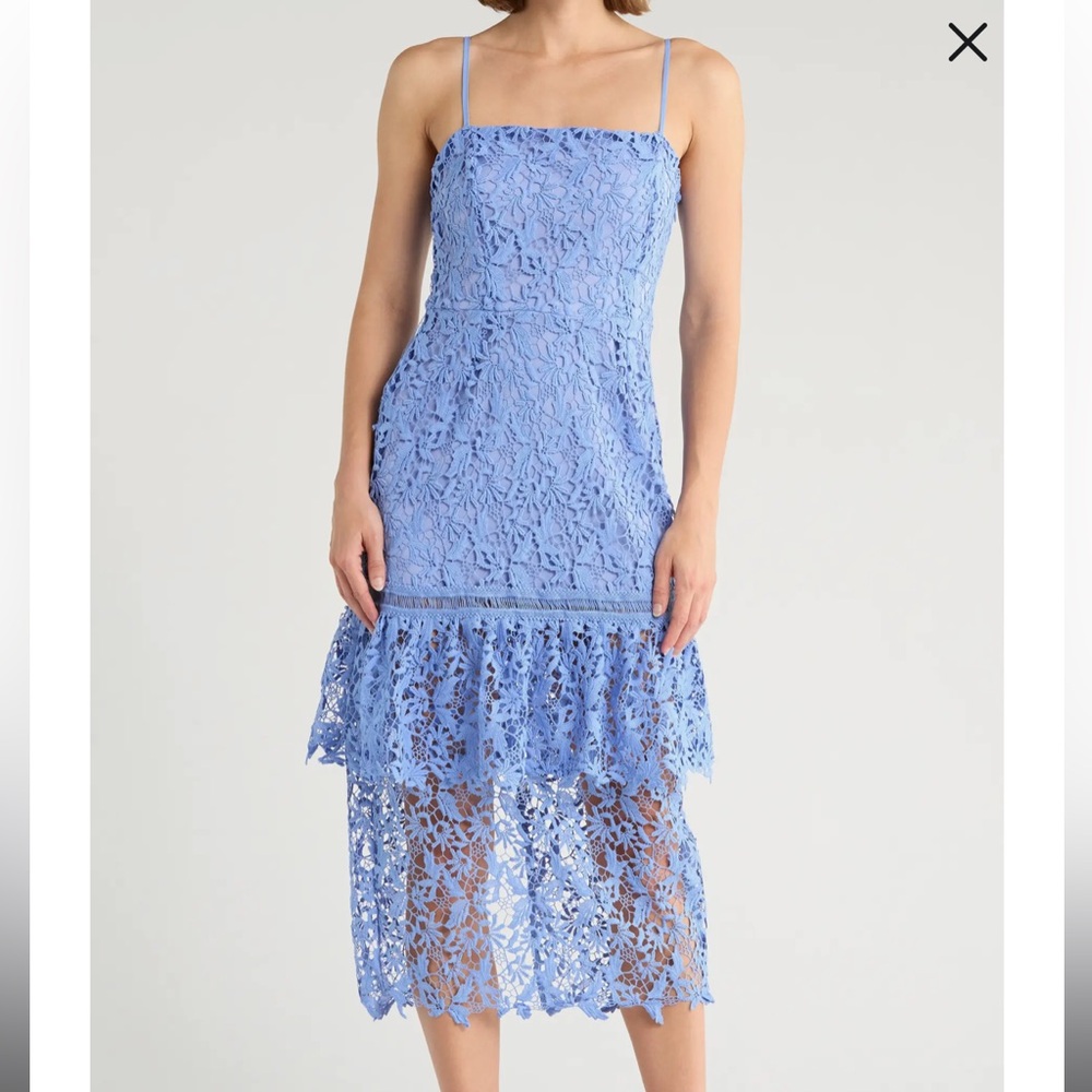 NSR Blue Floral Lace Tiered Midi Dress